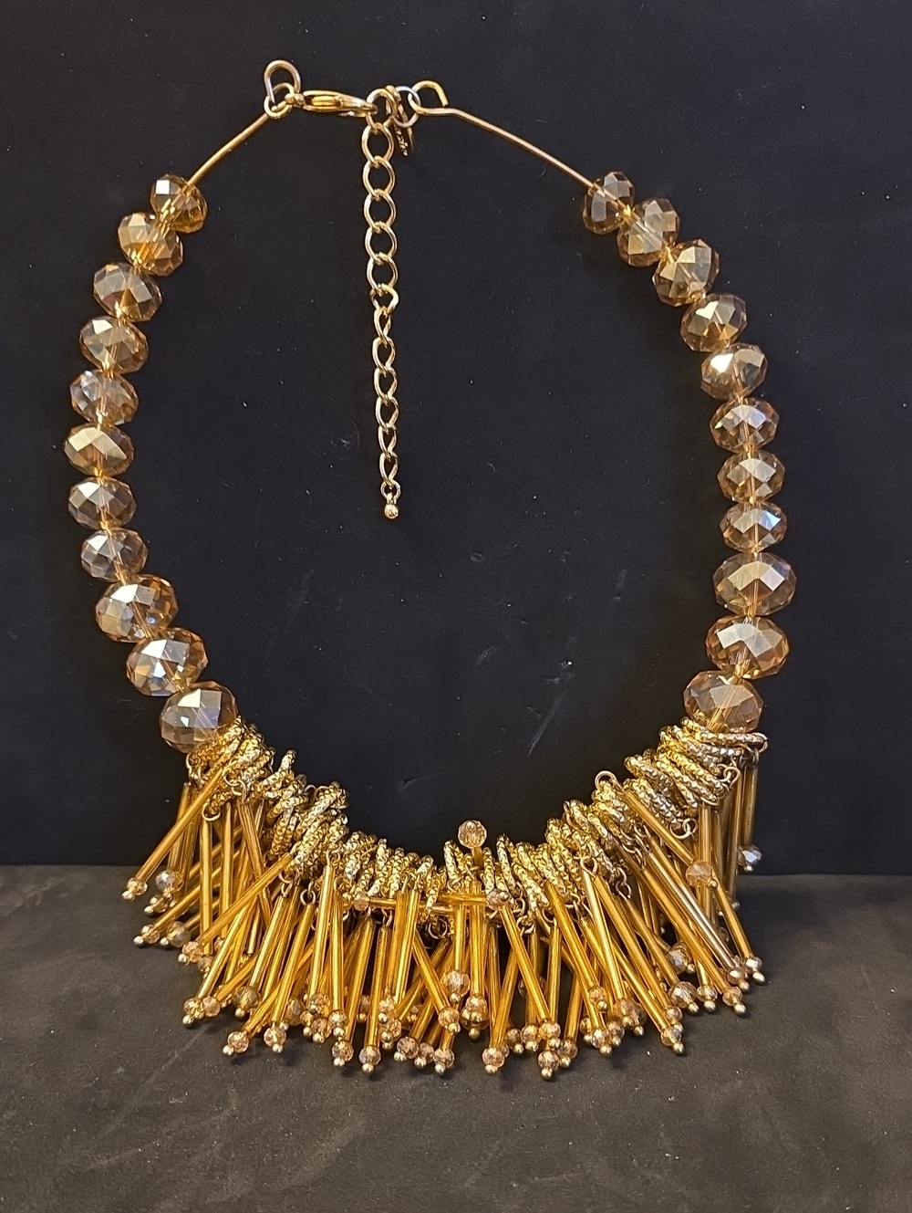Gold Beaded Fringe Statement Necklace Unique Women Jewelry By Natasha